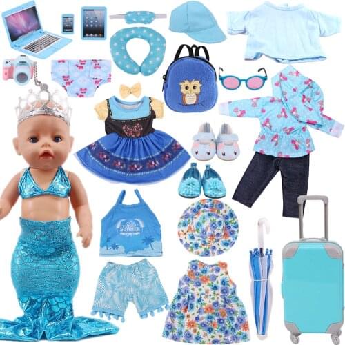 Doll Clothes Blue Series Mermaid Disneeys Princess Dress Fit American 18 Inch Girls 43 Cm New Born Baby Items,Raincoat/Suitcase