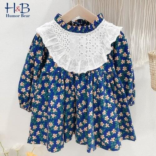 Humor Bear Girls Dress New Autumn Long-Sleeve Lace Patchwork Floral Printed Cute Princess Dress Toddler Kids Clothes