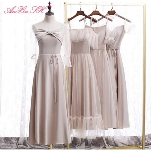 AXJFU princess pink big bow Bridesmaid Dress party o neck illusion ruffles lace up Bridesmaid Dress host little pink dress