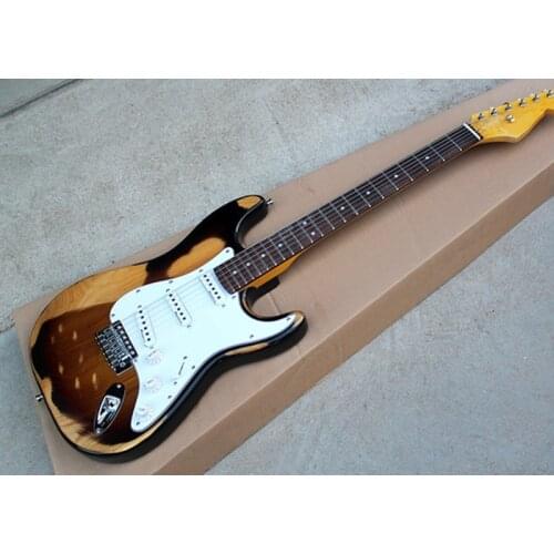 Tobacco Sunburst Retro Body Electric Guitar with White Pickguard,Maple Fretboard,Offer Customized