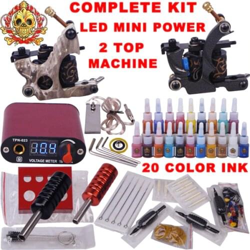 Tattoo permanent makeup kit body art set 2 top tattoo gun 20 color inks YLT-74