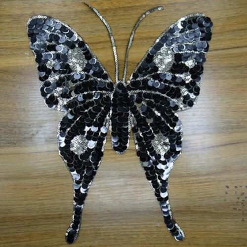 Embroidered iron on patches for clothes black butterfly sequins deal with it clothing DIY Motif Applique Free shipping
