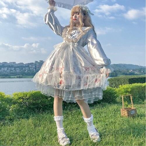 Japanese Lolita Dress Female Soft Girls Cute Lace Mesh Printed Dress Long Sleeve Dresses Women Kawaii Dress AFC537