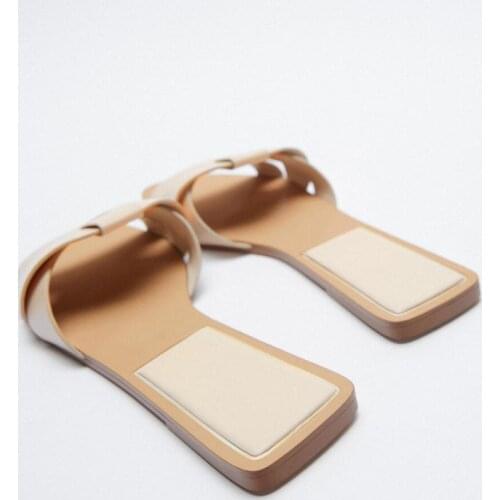 ZAR Sandals Womens Flat Bottom 2021 Summer New Leather Cross Decoration Flat-Heeled Sandals Beige Lazy Slippers Women Luxury