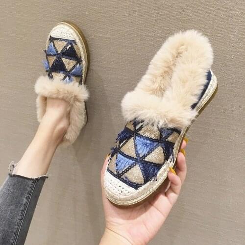 OLOMLB Womens Round Toe Owl Rhinestones Tassels Beads Loafers Hemp Flats Fur Warm Winter Slip on Match Colors Shoes 7Colors Girl