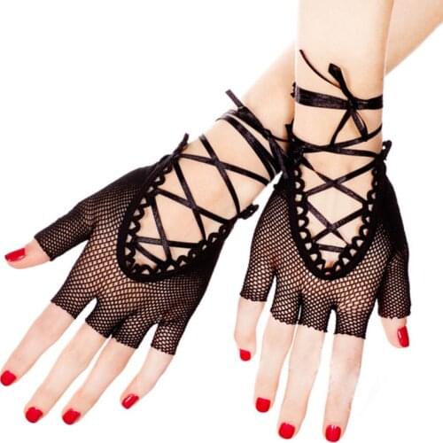 Womens Wrist Length Punk Sexy Half Finger Gloves Solid Color Hollow Out Fishnet Criss Cross Lace Up Bandage Mitten Dancing Party