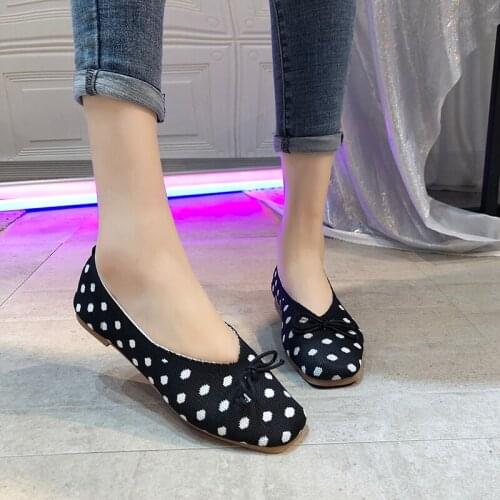 2020 spring sweet polka dot shallow mouth bow casual comfortable ladies square toe flat shoes Slip-On Zapatillas Mujer W28-03