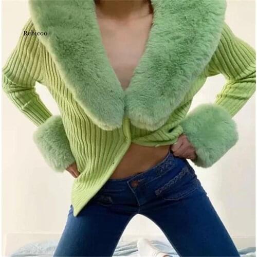4 Colors New Autumn Vintage Fur Collar Women Sweater Elegant Single-breasted Cardigan Female Green Sweaters Mujer