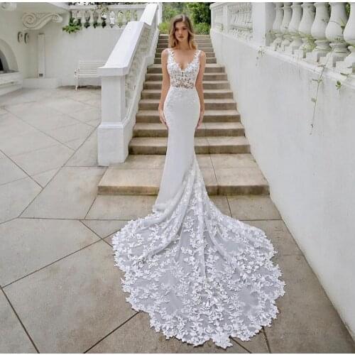 Wedding Dress Mermaid V-Neck Tank Backless Lace Appliques Sequined Tulle Floor Length Sweep Train Gorgeous Bride Gown 2021