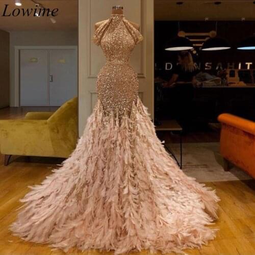 High Fashion Glitter Formal Evening Dresses Long Mermaid Prom Dress 2019 Feathers Luxury Celebrity Gowns Party Dubai Vestidos