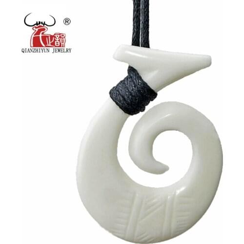 GX049 New Zealand Maori Primitive tribes jewelry handmade-carved Fish Hook Choker yak bone pendant necklace for surfing
