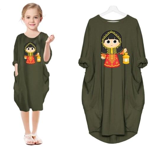 2021 Summer Ramadan Dress Baby Girls Cartoon Leisure Dress Mommy and Me Family Matching Outfits Kids Eid Mibarak Casual Clothes