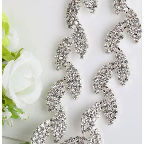 1 yard 1.5 cm Silver Leaves Crystal Rhinestones Applique for Wedding Dress Clothes Bags DIY Crafts Sew On