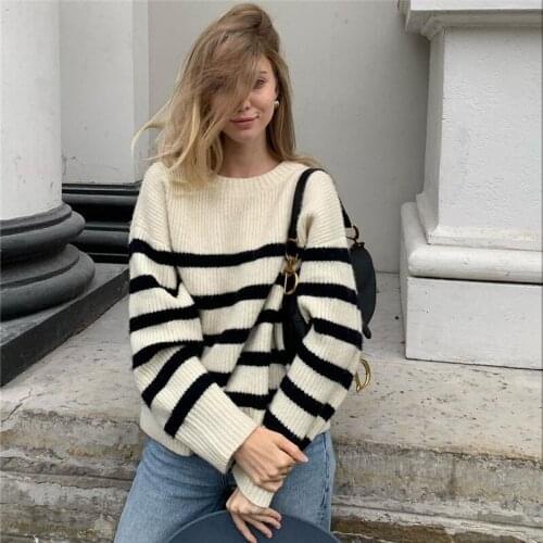 MUICHES Stand Collar Horizontal Striped White Batwing Sleeve Sweater Female Casual Loose-fitting Pullover 2021 Woman Office Lady