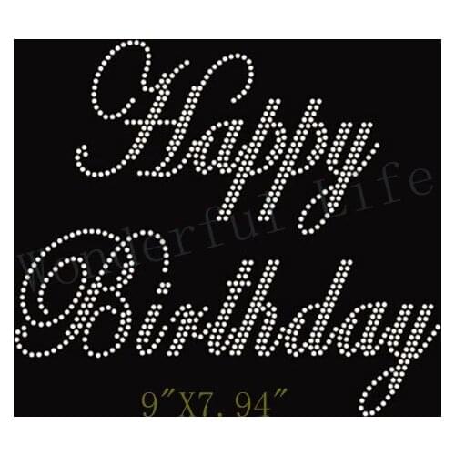 Free shipping words happy birthday hotfix rhinestones transfer design iron on for garments