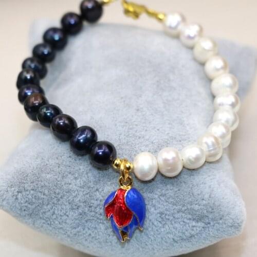 New Fashion 8-9mm Natural White Black Pearl Beads Charms Bracelets Bangles for Women Flower Cloisonne Diy Jewelry 7.5inch B2983