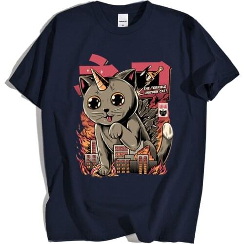 Catzilla Japan Street Hip Hop Print Tshirt Men Summer Loose Tee Clothing Hip Hop Oversized Tops Crewneck Fashion Tshirt Man