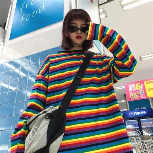 Maxxo High Street Candy Rainbow Stripe Long-Sleeved T-Shirt Couples Goth Oversized Women Emo Kpop Urban 90s y2k Korea Tops Tee