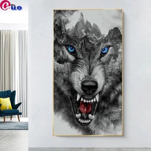 Angry Wolf Black White Posters Diamond Painting Abstract Animals Diamond Embroidery Mosaic Picture for Living Room Home Decor