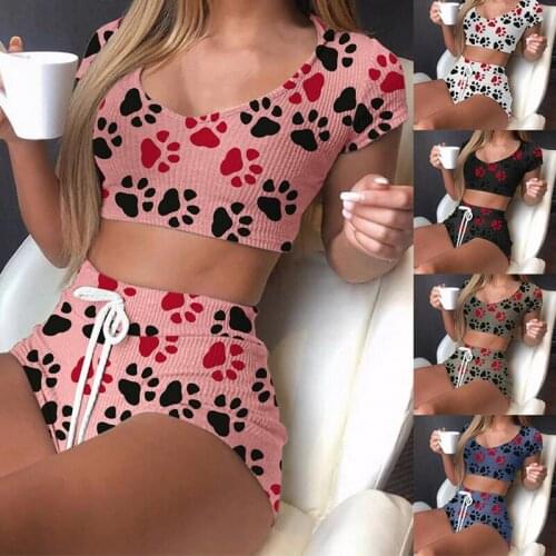 Two Piece Cotton Pajama Set Sexy Lips Print Top+Shorts Pyjamas Short Sleeve Sleepwear High Elastic Pijama Nightie Home Clothes