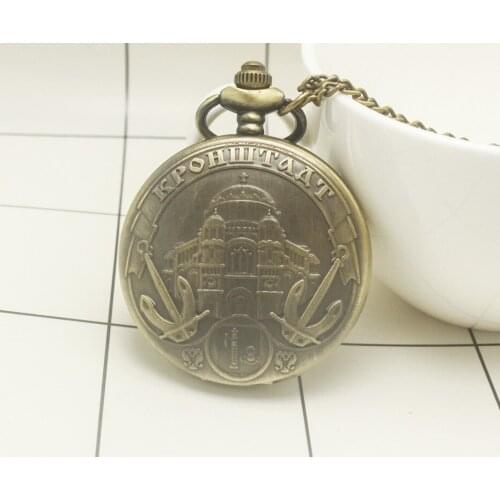 Kronstadt Russian Castle Building Design Quartz Pocket Watch Chain Pendant Souvenir Necklace Gifts FOB Watch Art Collectibles