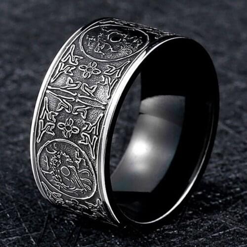 Mens Stainless Steel Chinese Ancient 4 Guardian Beasts Ring Dragon, White Tiger, Suzaku, Basalt Carved