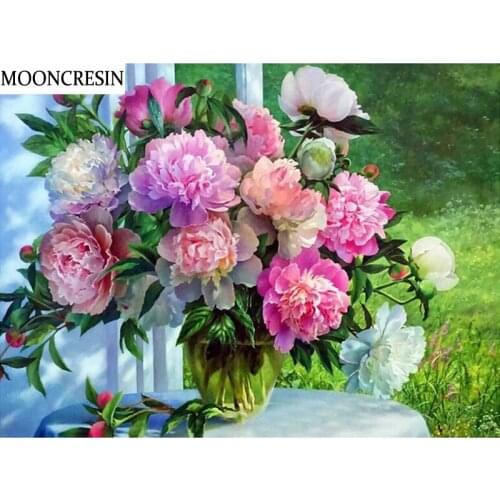 MOONCRESIN 5D Diy Diamond Painting Kit Paeonia Lactiflora Full Diamond Embroidery Cross Stitch Needlework Mosaic Room Decoration