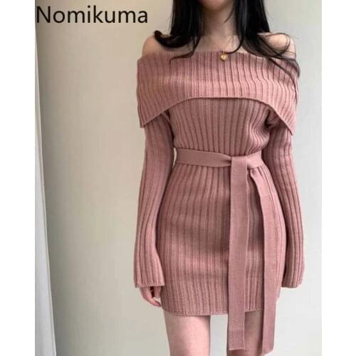 Nomikuma Korea Chic Sexy Fold Slash Neck Sweater Dress Long Sleeve Mini Knitted Dresses Bandage Slim Waist Women Vestidos 6C976