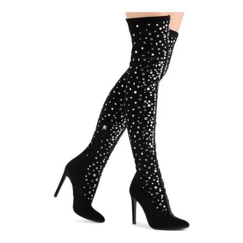 New Woman Fashion Burgundy Black Blue Purple Velvet Drill Over The Knee Boots Bling Bling Pointed Toe Slip On Slim Long Boots