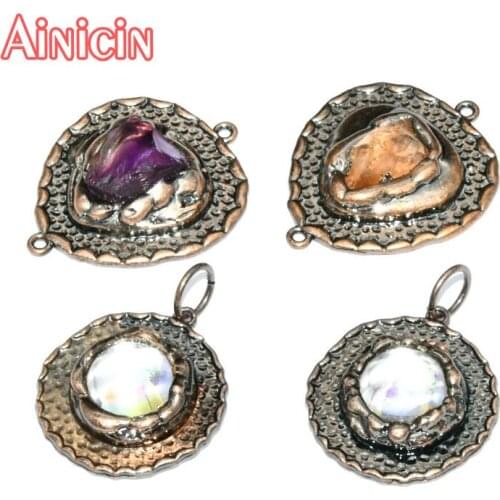 New Arrival Natural Amethyst Citrine Triangle Shape Jewelry Making Connectors Round Shape Pendants For Women Jewelry 10pcs