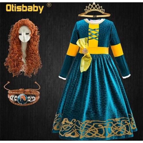 Halloween Brave Disguise Children Girls Full Sleeve Queen Merida Princess Dress + Accessories Fancy Girl Birthday Party Costume