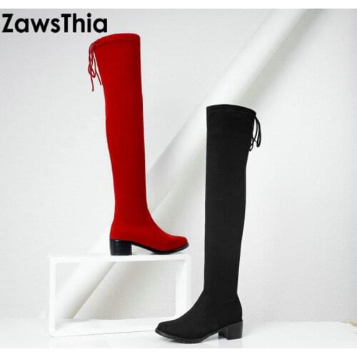 ZawsThia 2020 square mid heels equestrian riding motorcycle boots over the knee high stretch fabric elastic overknee woman boots