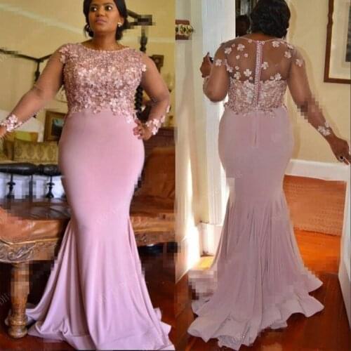 Prom Dresses Mermaid Chiffon Scoop Flower Applique Sweep Train Lace-up Plus side Long Sleeve Prom Party Gowns
