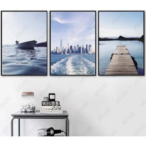 Modern Urban Seascape Poster Ocean Wave Boat Canvas Painting Building Print and Wallpaper Picture Decoration Home Craft