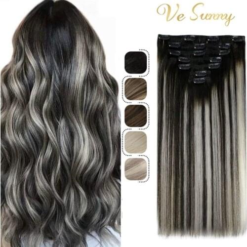 VeSunny Hair Extensions Clip in Human Hair Extensions Black Hair Off Black to Silver Grey Highlight Remy Clip in Hair Extensions