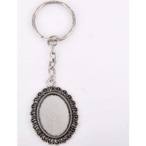 Fit 25*18MM Silver color blank keychain split key ring settings vintage cabochon key chain base tray bezel diy jewelry making