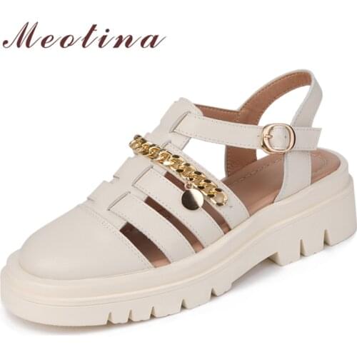 Meotina Genuine Leather Sandals Gladiator Shoes Women Flat Platform Sandals Buckle Ladies Footwear Summer 2021 New Silver 43