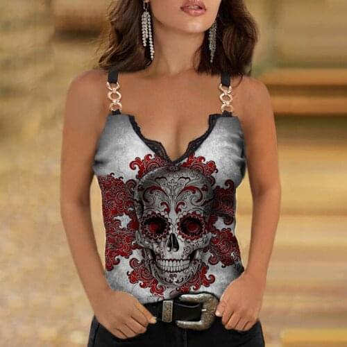 Plus Size Vintage Rose Skull Printed Women Tank Top Sexy V Neck Sleeveless Tops Clothing Summer Fashion Elegant Sling Slim Vest