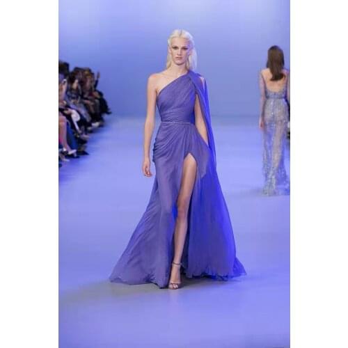 Sexy Long Light Purple One Shoulder Celebrity Dress with Slit A-Line Robe De Soiree Floor Length Pleated Formal Gowns for Women