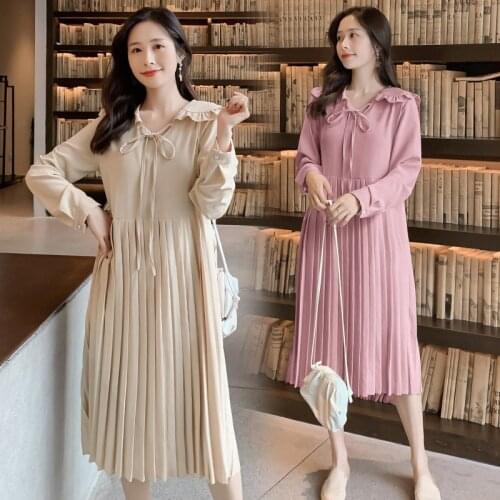 2021 Autumn Korean Fashion Maternity Long Dress Elegant Sweet Pleated Clothes for Pregnant Women Fall Pregnancy Clothing