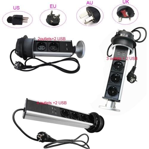 4 /3 /2 Plug Power+ 2 USB Pulling Pop Up Power Outlet Socket for Kitchen Desktop Worktop Furniture Aluminium Alloy Silver Shell
