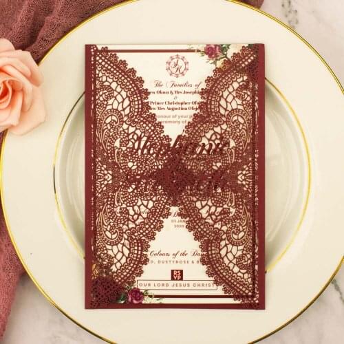 10pcs Free Shipping Laser Cut White Burgundy 5x7 Invitations Hollow Wedding Invitation Card For Bridal Shower Birthday Sweet 16