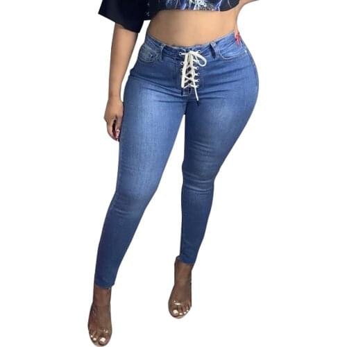 2021 New Autumn Winter Girls Long Jeans, Ladies Fashionable Slim Style Solid Color Mid Waist Lace Up Casual Denim Pants