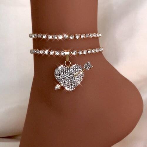 Flatfoosie 2Pcs/Set Fashion Love Heart Crystal Anklets for Women Bling Rhinestone Ankle Bracelet 2021 Sandals Foot Chain Jewelry