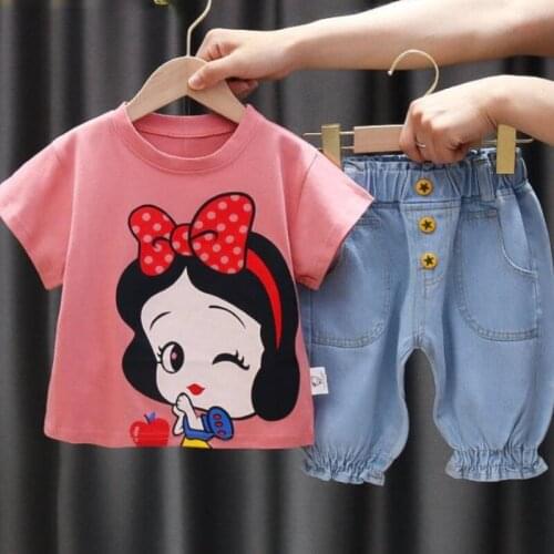 2 Pieces of Girls Clothing Summer Snow White Short-sleeved Trousers Cartoon Boys and Girls T-shirt Casual Pants Jeans