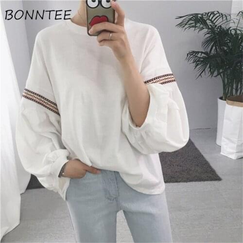 T-shirts Women Striped Lantern Sleeve Elegant Loose Tees Womens T-shirt Casual Sweet O-Neck Fashion Students Chic Korean Style