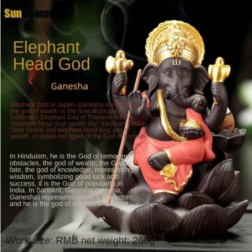 Elephant Head God Purple Sand Lotus Type Backflow Incense Burner Buddha Statue Thailand Indian Buddhist Incense Sticks