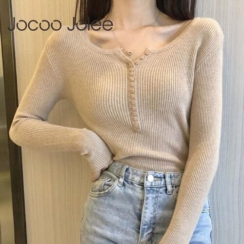 Jocoo Jolee Women Elegant Button V Neck Slim Knitted Sweaters Vintage Solid Pullovers Leisure Wild Jumpers Female Winter Tops