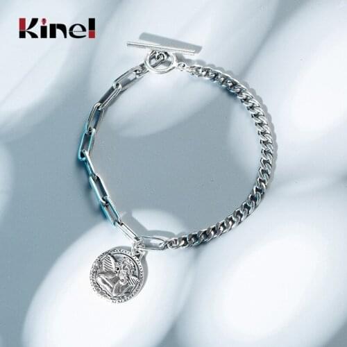 Kinel 925 Silver Women Fashion Vintage Make Old Bracelets Girls Unisex Knotting Angel Head Portrait Tag Trendy Bracelets