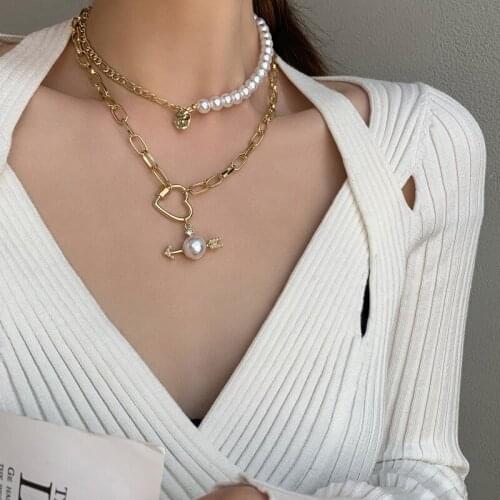 Lifefontier Multilayer Pearl Necklace Heart Cupids Arrow Pendant Choker Pearl Chain Necklaces for Women Jewelry Accessories